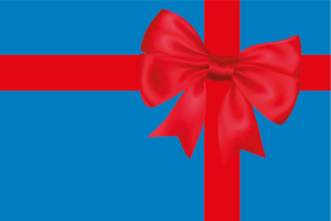 Rote Schleife auf Geschenk mit blauem Hintergrund und Kreuzband