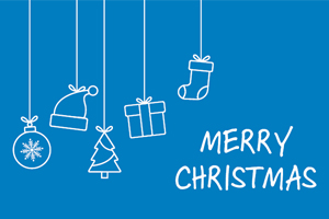 Weiße Weihnachtsmotive und Merry-Christmas-Schrift auf blauem Hintergrund